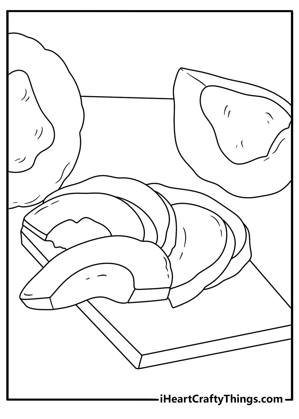 Fresh pumpkin slices rest on a wooden cutting board in this simple coloring sheet