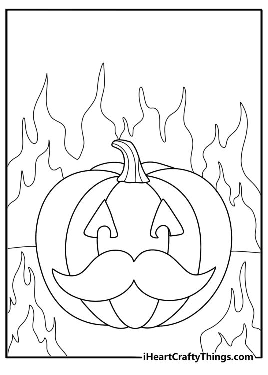 Image featuring carved Halloween pumpkin with a mustache and various swirls and flames in the background