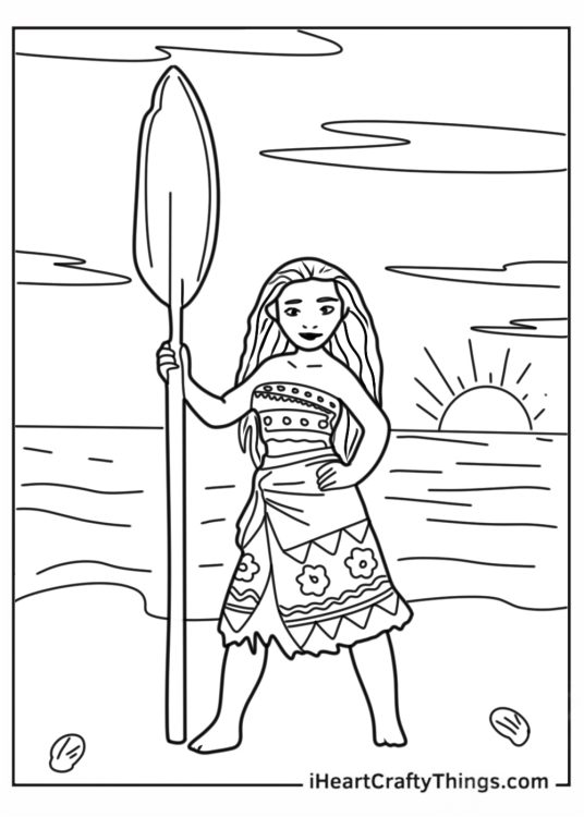 Moana Holding a Canoe Paddle Coloring Sheet