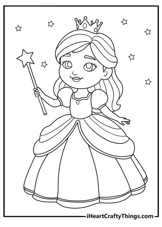 Princess coloring page for kids with a princess holding a magic wand near stars