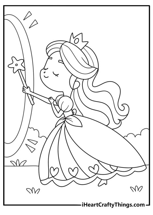 Princess coloring page with a princess holding a map in a secret passage
