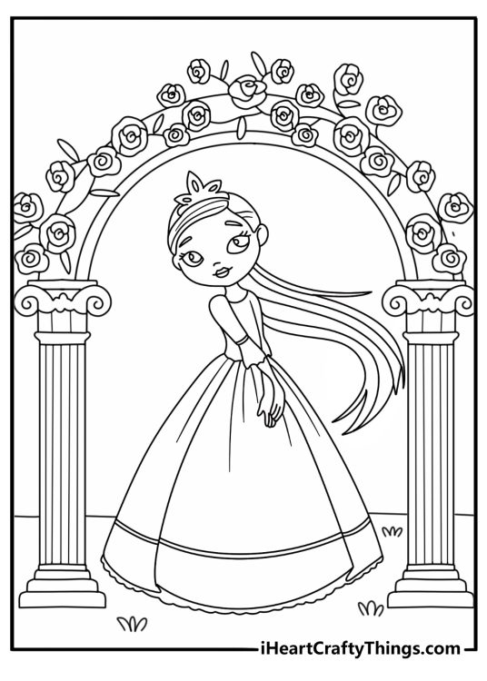 Princess coloring page with a princess walking through a rose arch