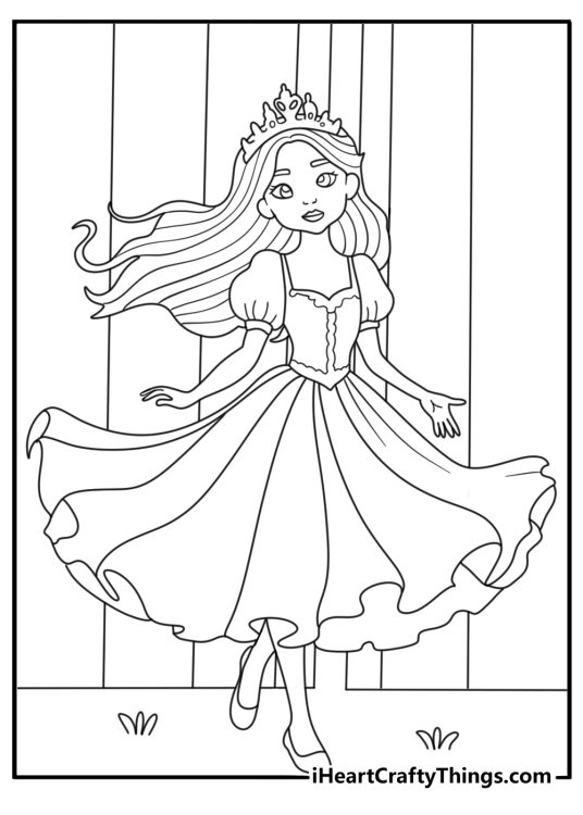 Princess coloring page with a princess walking through castle doors