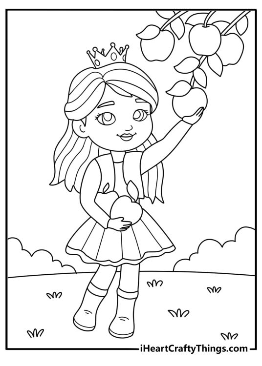 Princess coloring pages for kids with a princess picking fruit in an orchard