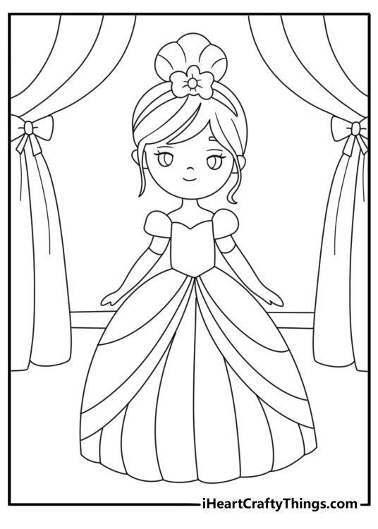 Princess coloring pages scene with a princess arriving at a royal ball