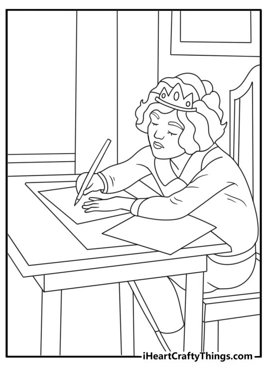 Princess coloring printable with a princess writing a letter at a desk