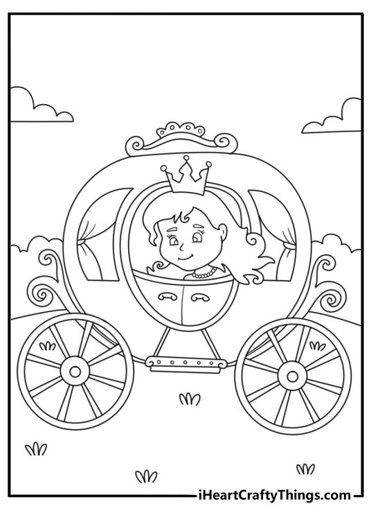 Princess coloring sheet with a princess riding in a royal carriage