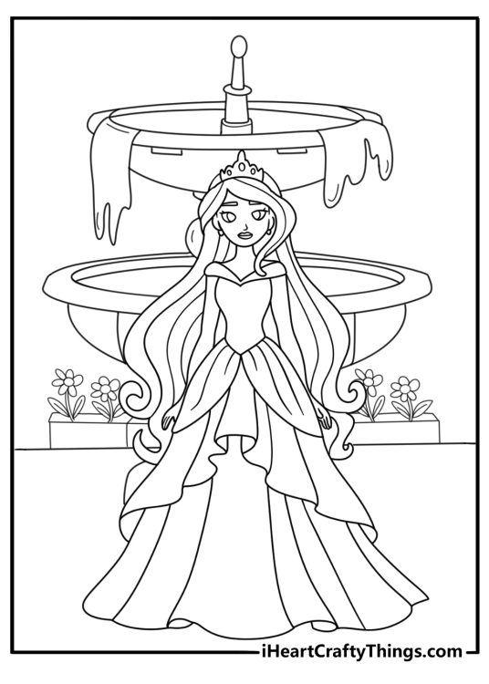 Princess coloring sheet with a princess standing beside a fountain