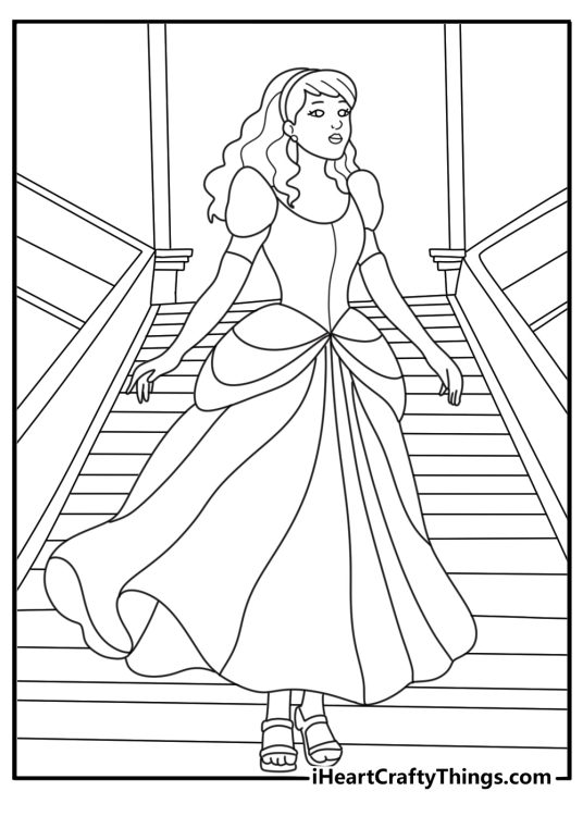 Princess coloring sheet with a princess standing on a staircase in a grand hall