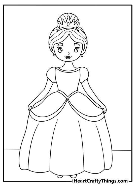Princess themed coloring page for children depicting young princess in a ball gown
