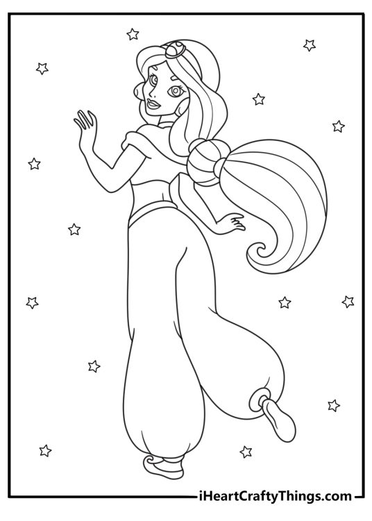 Princess themed coloring printable featuring princess Jasmine with her signature black hair