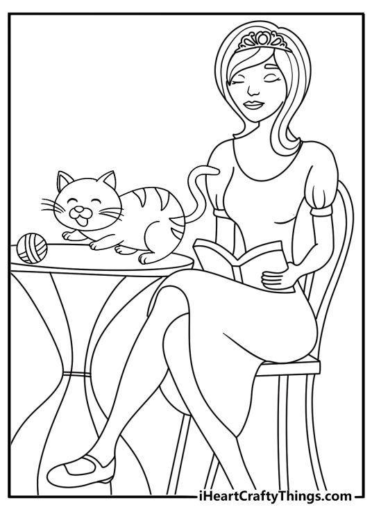 Printable card featuring princess sitting at a table with her cat playing with a ball of yarn in front of her