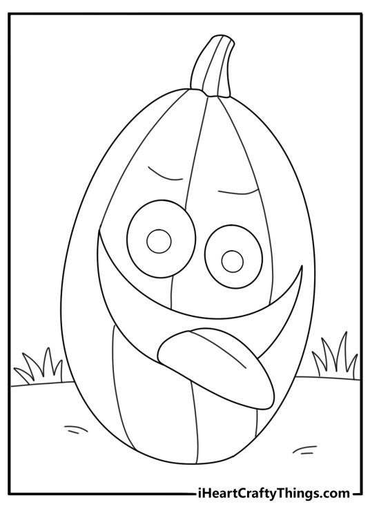 Printable coloring image for children featuring carved pumpkin with a funny tired face
