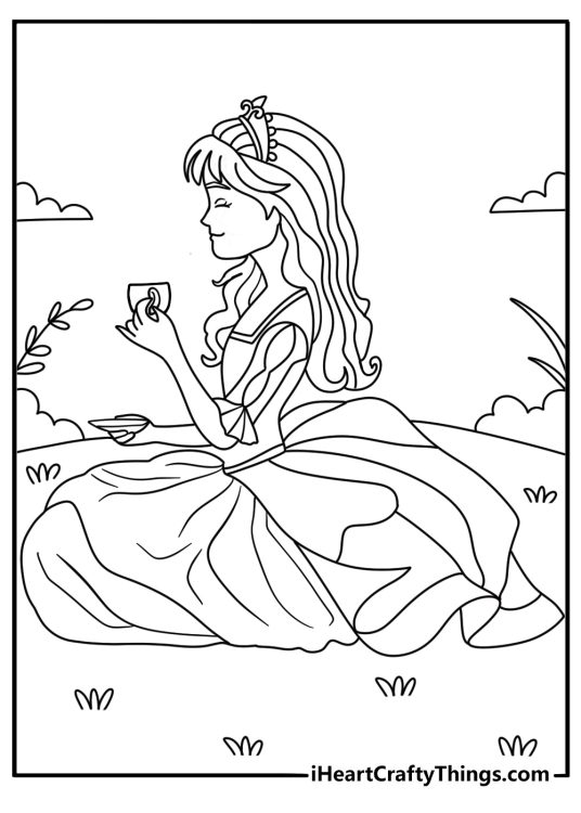 Printable coloring page featuring princess taking a seat in the park to enjoy a cup of drink under a cloudy sky