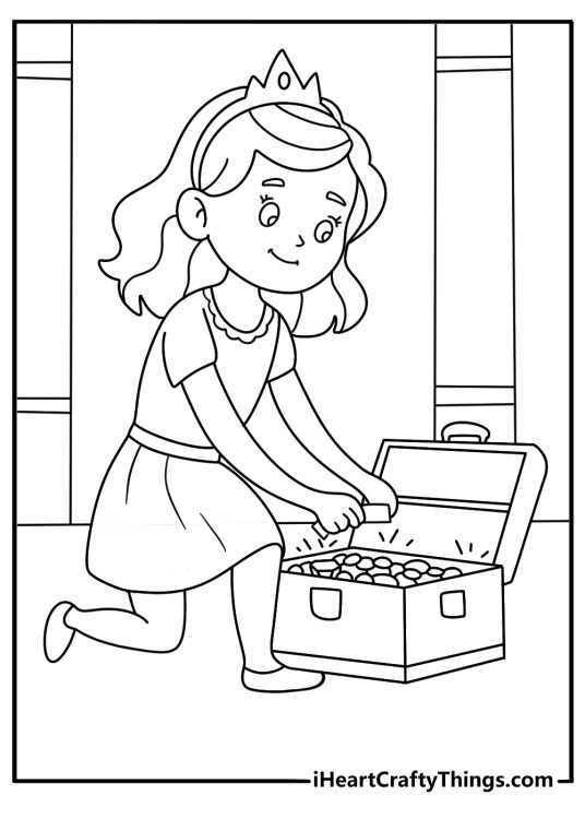 Printable coloring page of a princess opening a treasure chest
