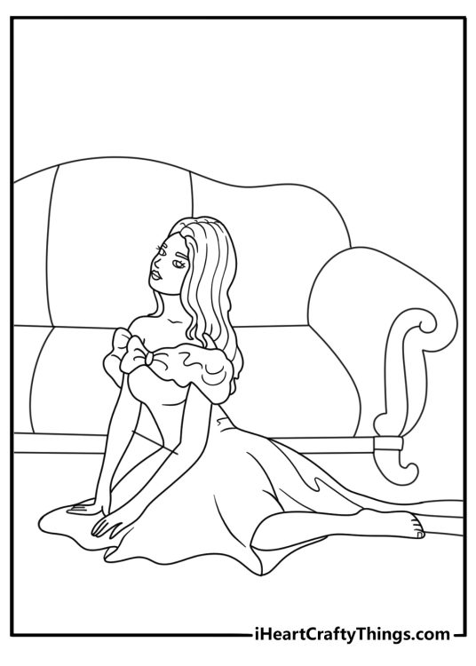 Printable coloring pdf for children featuring princess sitting on the floor beside the couch