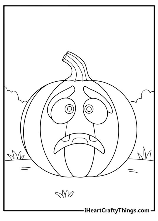 Printable coloring picture featuring cartoony pumpkin looking rather nervous and upset