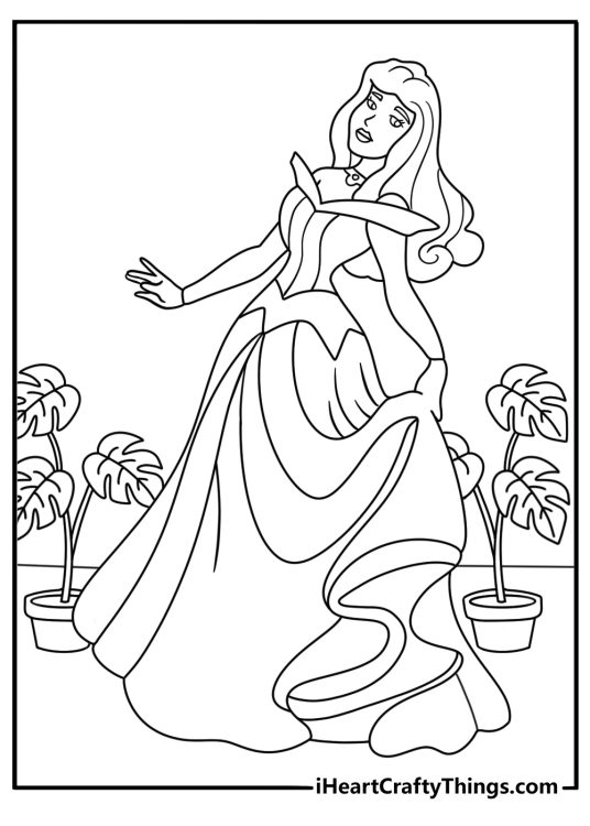 Printable coloring picture presenting a princess posing on the floor next to a house plant
