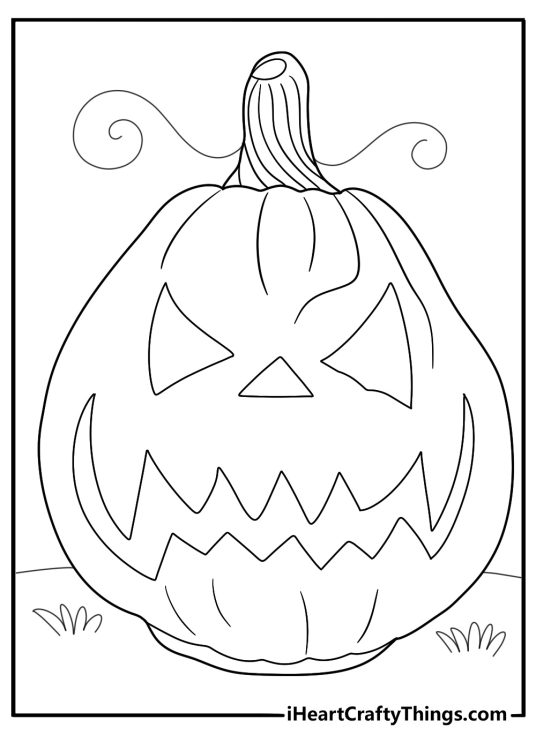 Printable coloring sheet featuring spooky and ghoulish looking pumpkin with some greenery all around it
