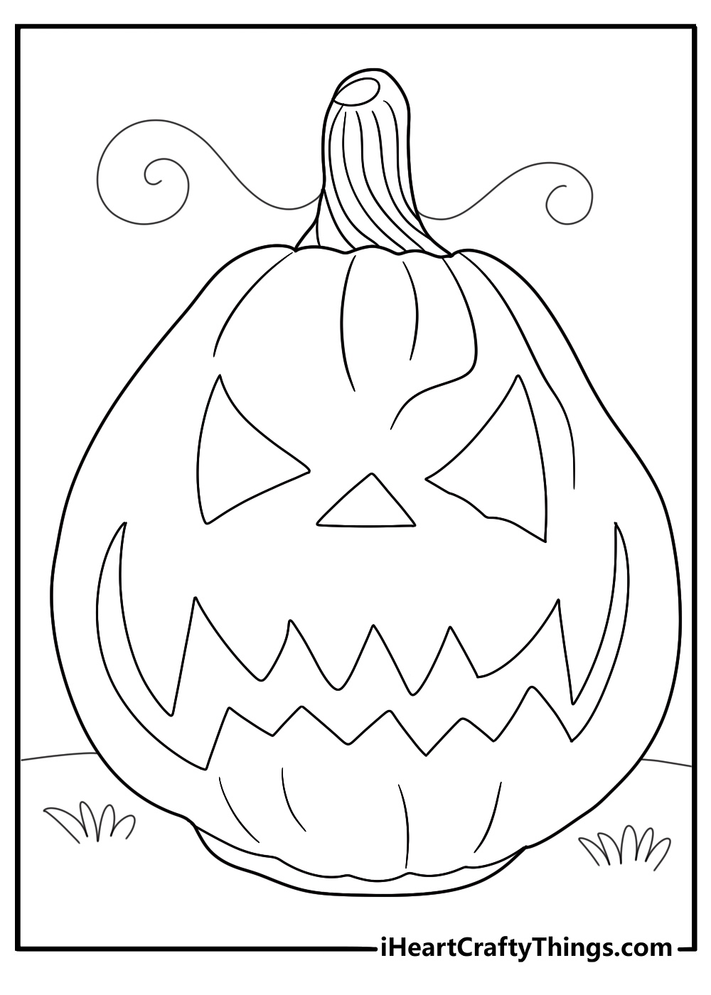 Printable coloring sheet featuring spooky and ghoulish looking pumpkin with some greenery all around it