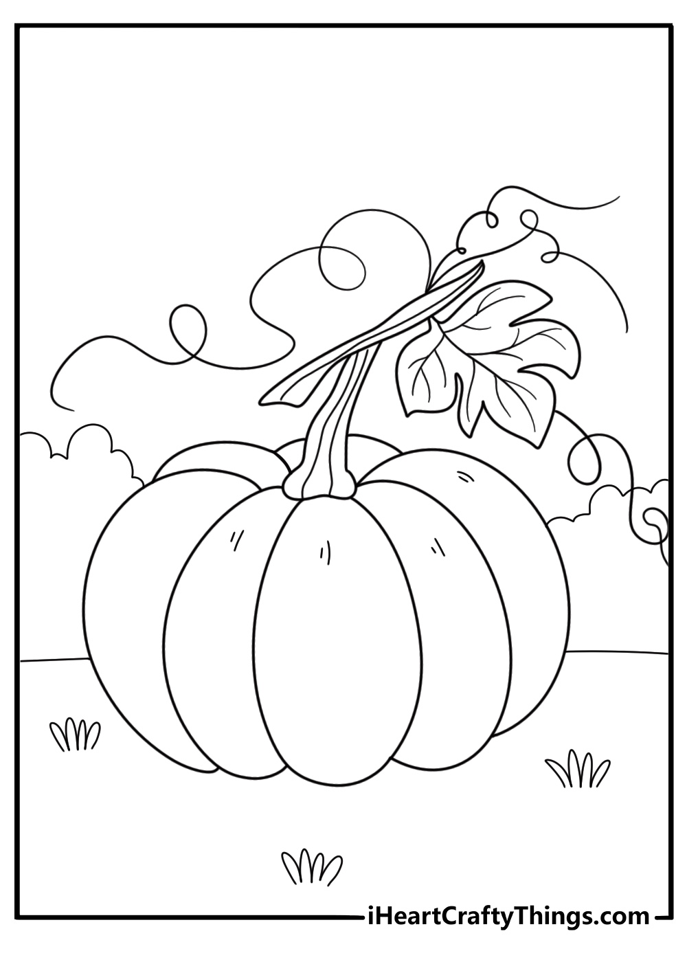 Printable coloring sheet for kids featuring large pumpkin with a curly stem and a leaf on the right side