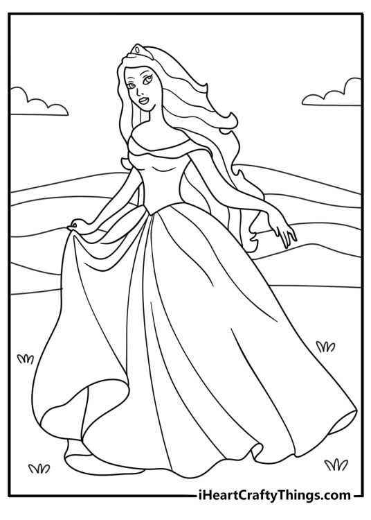 Printable drawing for kids of a princess on a walk in a beautiful park with many hills in the horizon