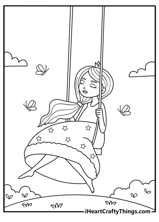 Printable drawing presenting princess sitting on a swing in the park while a butterfly flutters by her hand