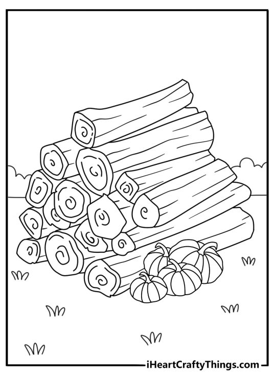 Printable harvest sheet showing a pumpkin beside a bundle of firewood