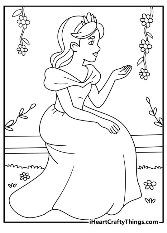 Printable image depicting princess sitting on a bench with a field and trees in the background