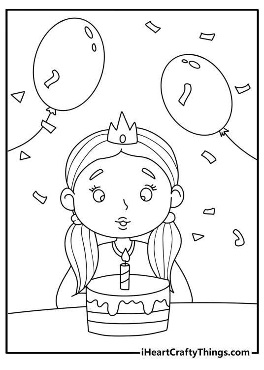 Printable image of a princess ready to blow out her birthday candles surrounded by streamers and balloons