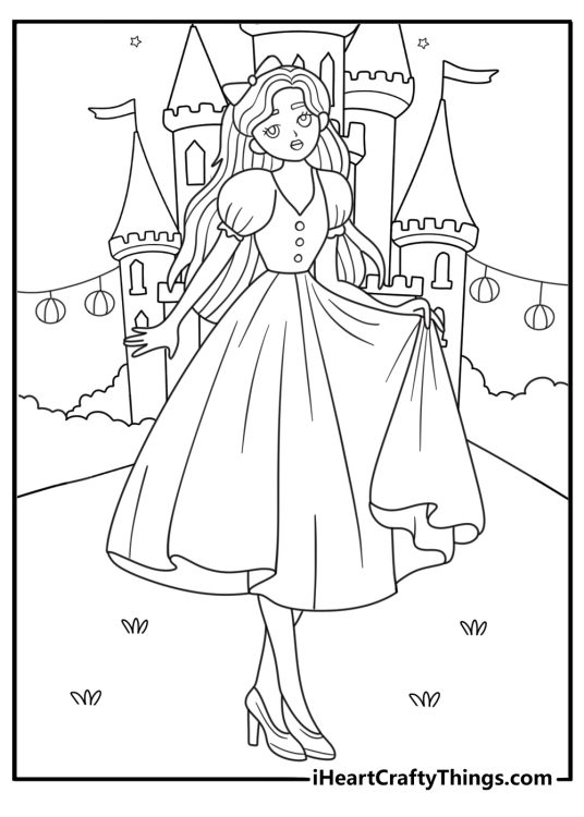Printable princess coloring page with a princess standing beside a tall castle tower