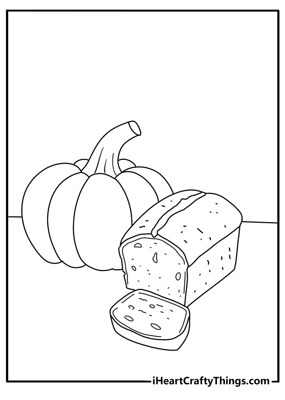 Printable pumpkin coloring page featuring a pumpkin beside a freshly baked loaf