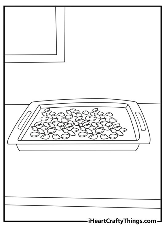 Printable pumpkin page showing seeds drying on a kitchen tray