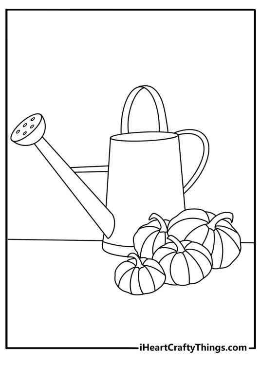 Pumpkin coloring page for kids featuring a small pumpkin beside a watering can