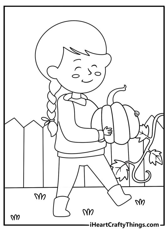 Pumpkin coloring page showing a child picking a ripe pumpkin from the vine