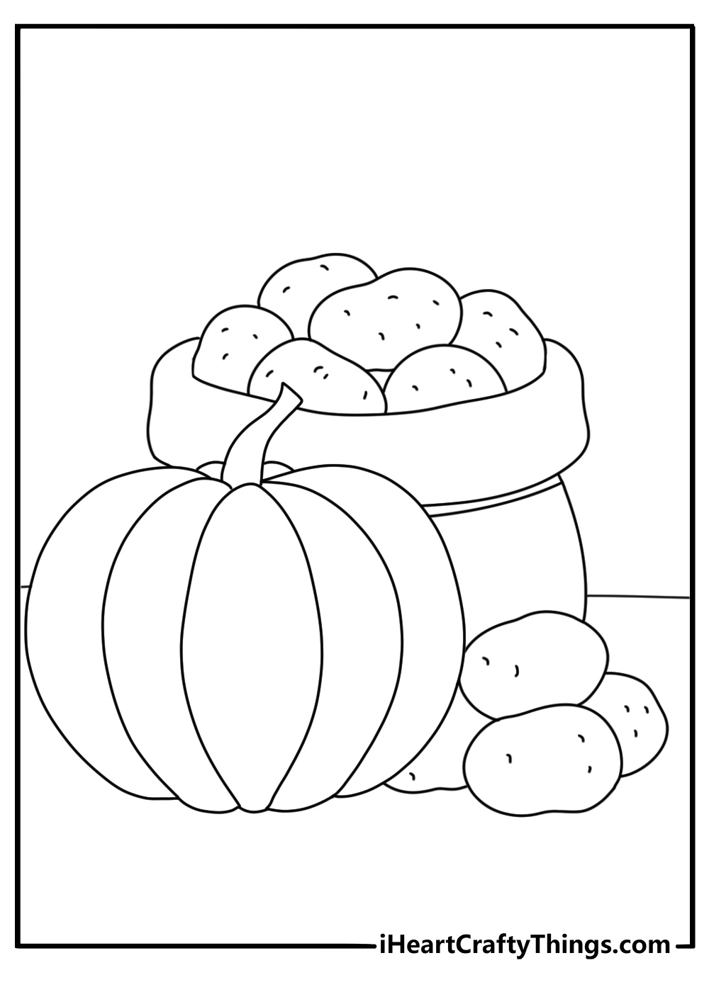 Pumpkin coloring pages printable showing a pumpkin near a sack of harvested potatoes