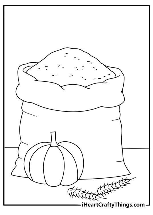 Pumpkin coloring pages scene featuring a pumpkin beside a sack of wheat