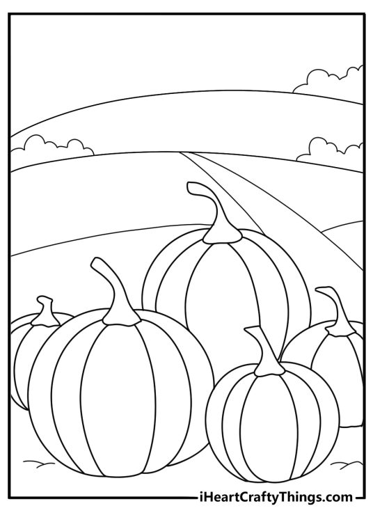 Pumpkin coloring printable featuring large carved pumpkin arranged with some smaller ones