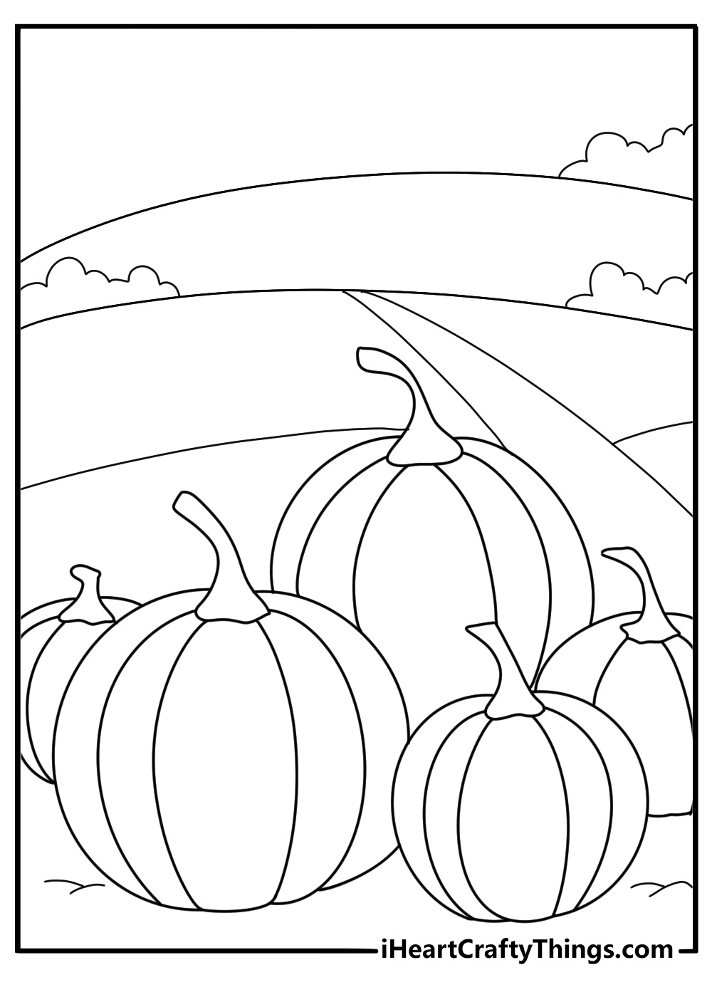 Pumpkin coloring printable featuring large carved pumpkin arranged with some smaller ones
