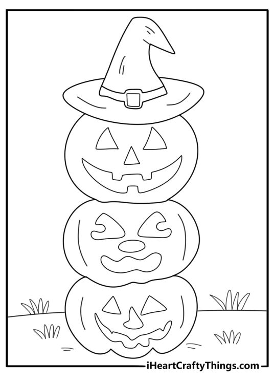 Pumpkin themed coloring sheet depicting four carved pumpkins stacked on the grass with a big witchs hat.on the top