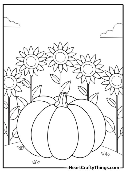 Pumpkin themed wallpaper presenting lots of pumpkins surrounded by sunflowers and leaves