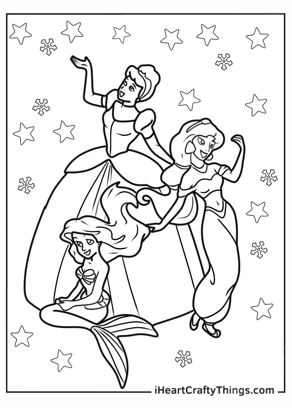 Mermaid-themed coloring picture for children featuring Rapunzel, Jasmine and Ariel surrounded by stars