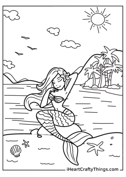 Realistic Mermaids On The Beach Coloring In