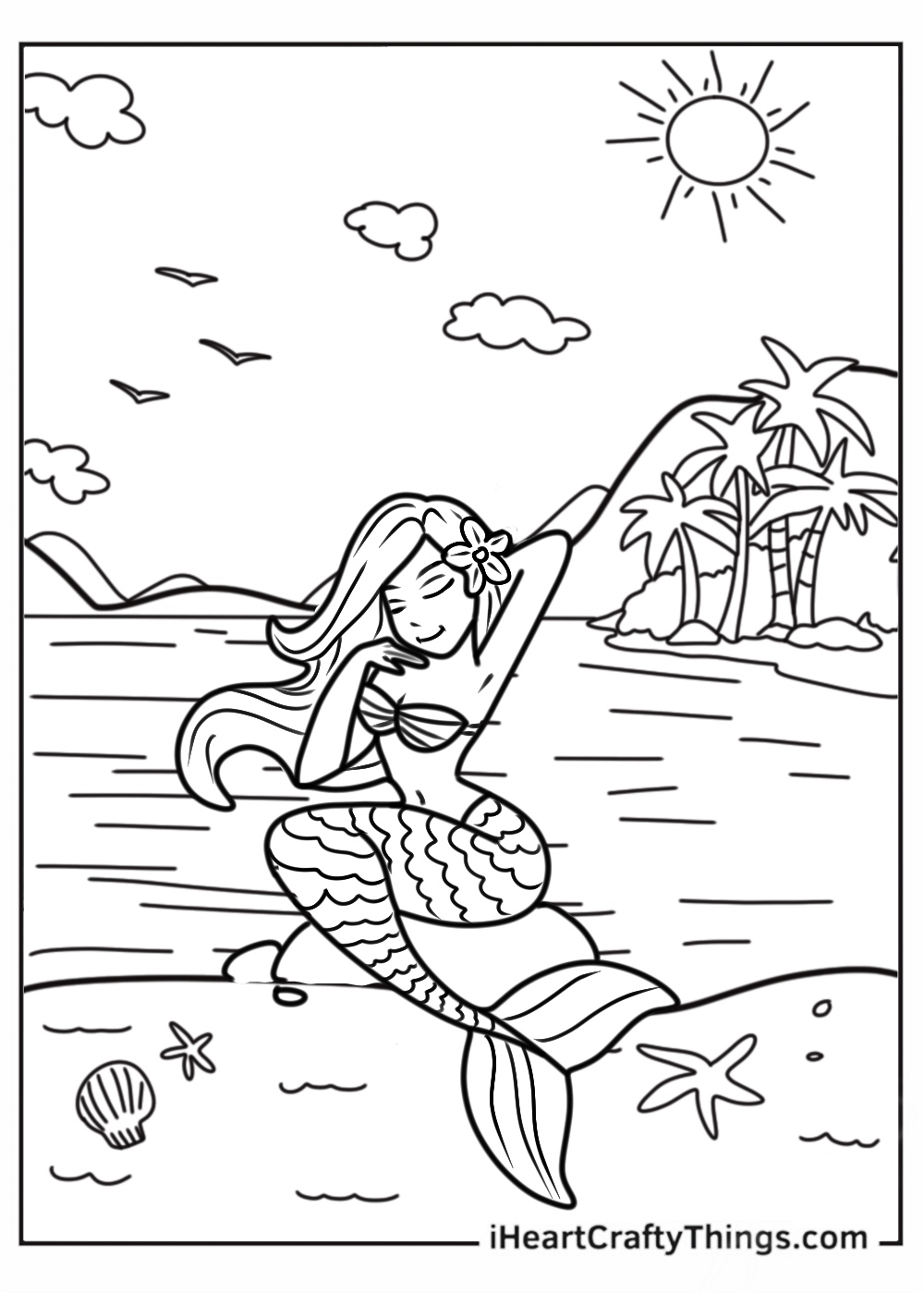 Detailed coloring picture featuring mermaid relaxing on the beach on a sunny day