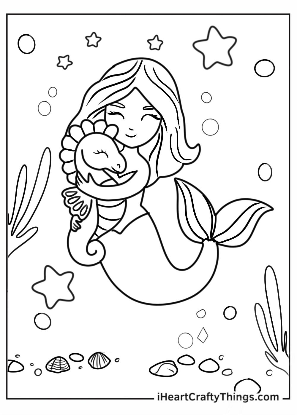 Mermaid Holding Seahorse Coloring In