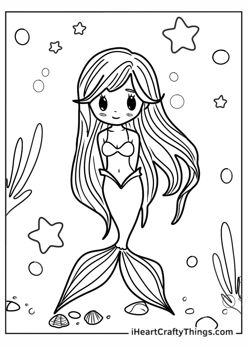 Coloring picture featuring young mermaid girl with extra long hair in the underwater world