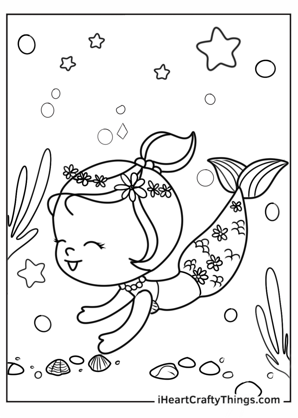 Coloring printable for kids featuring cheerful baby mermaid with flowery tail swimming in deep waters