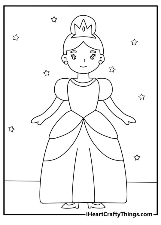 Simple princess coloring sheet with a crown dress and slippers laid out
