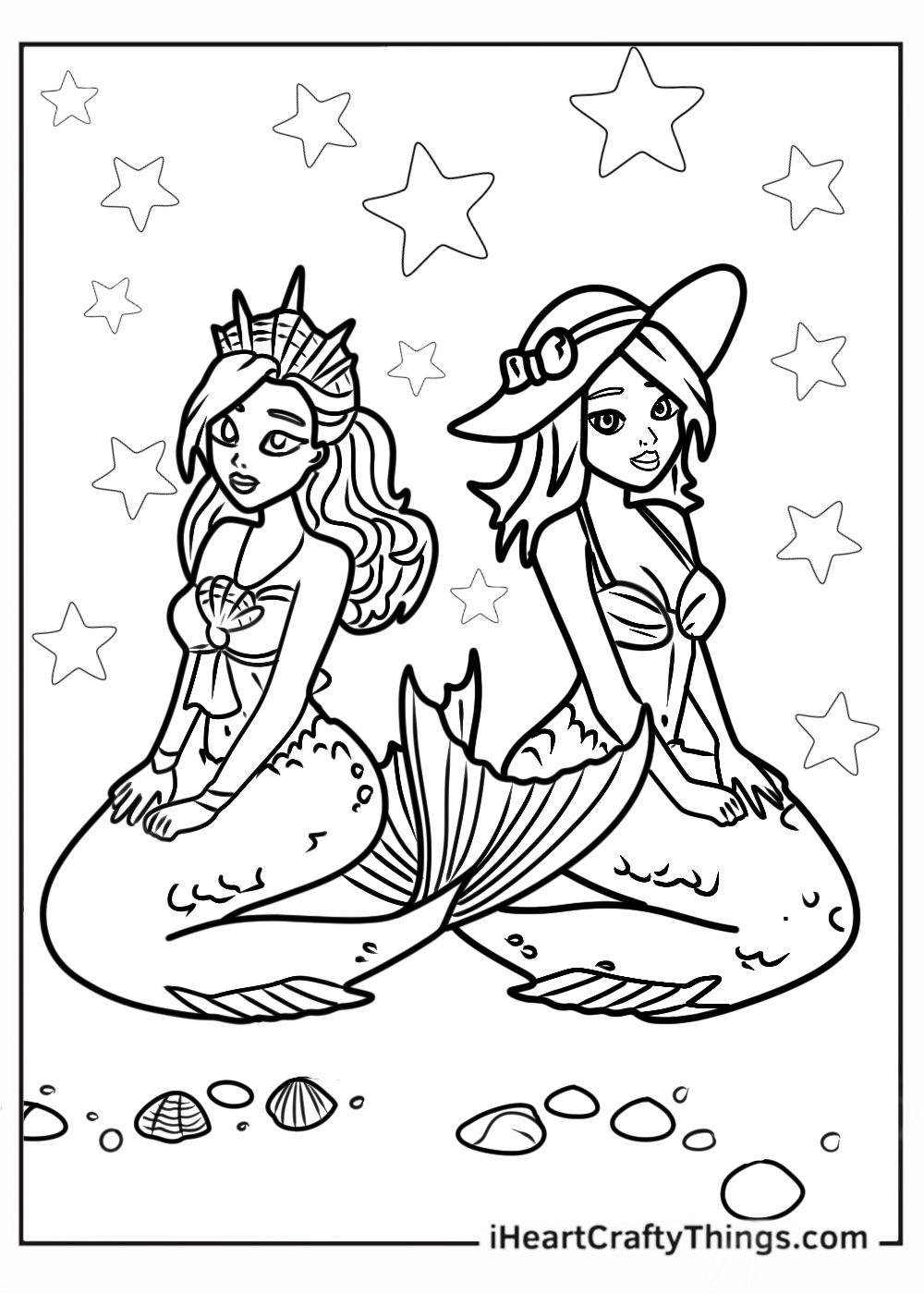 Printable page to color featuring two mermaids sitting back-to-back surrounded with stars and shells