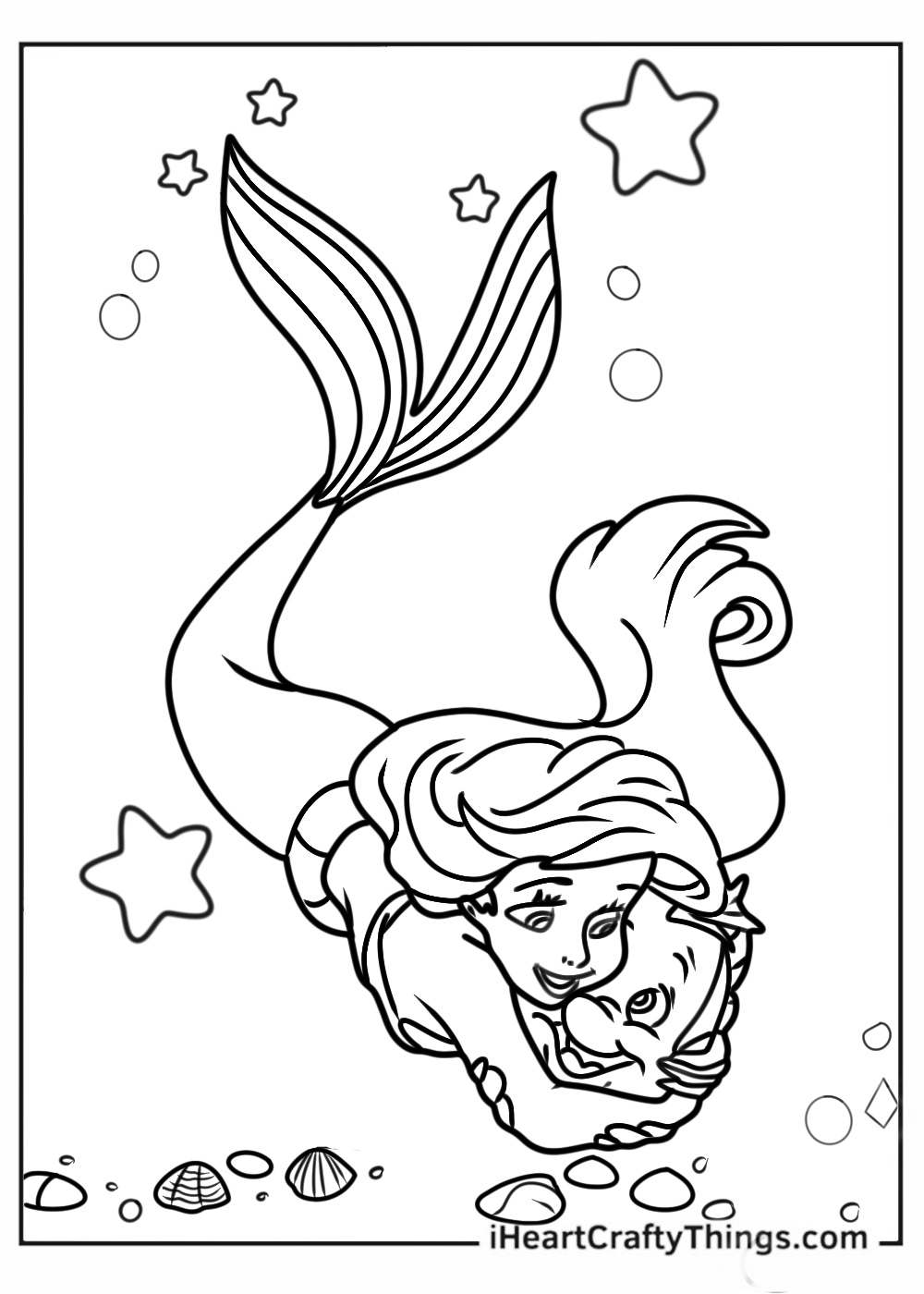 Mermaid-themed coloring image featuring young Ariel hugging her friend Flounders